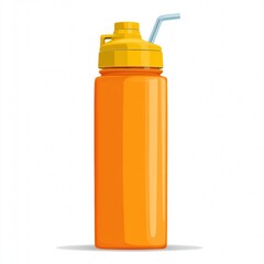 A vibrant orange water bottle with a yellow cap and a blue straw, perfect for staying hydrated on the go.
