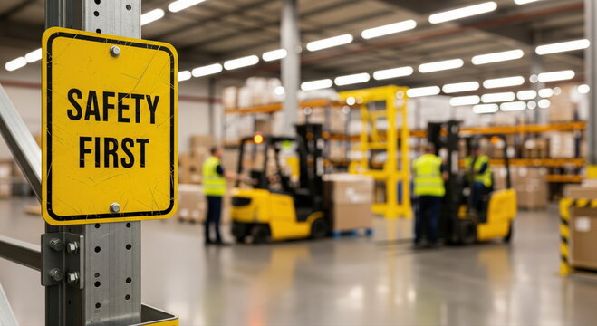Safety first sign in warehouse with forklifts and workers, highlighting industrial workplace safety culture.
