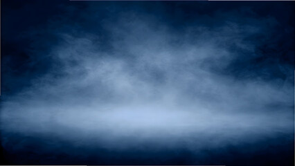 Fototapeta premium Dramatic Blue Smoke Background with Ethereal Fog and Mist, Abstract Texture Creating a Moody Ambiance with Stage Lighting Effect and Empty Copy Space for Creative Design