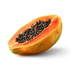 A vibrant half-cut papaya showing off its seeds. The bright orange flesh and black seeds, which are a great source of nutrients, creates an inviting image of fresh food