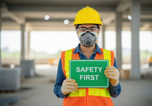 Worker in safety gear holding green safety first sign at industrial site, promoting occupational health and safety.