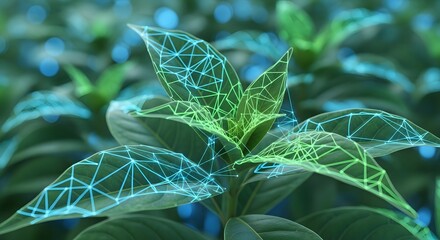 Plant biotechnology and biomimetics research. Digital structure for advanced analysis and genetic study. Close up of green leaves with a glowing blue and green polygonal network overlay