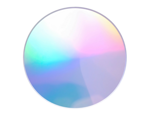 A circular object with a gradient of light-refracted pastel colors, black background