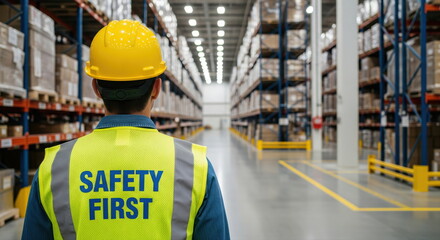 Worker wearing safety first vest and helmet inside warehouse, highlighting workplace safety awareness and responsibility.