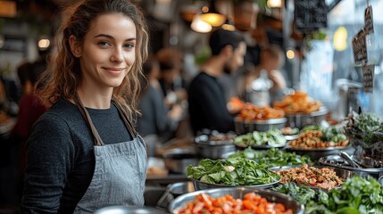 Fototapeta premium Smiling female chef in a vibrant food market with fresh salads and ingredients on display