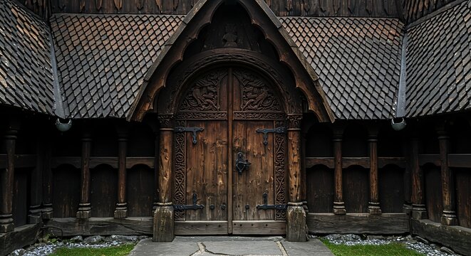 Urnes Stave Church main entrance, Norway, showcasing the exquisite craftsmanship and ancient
