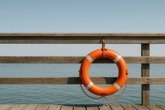 An orange lifebuoy hangs from a weathered wooden pier railing. Calm blue waters stretch out under a clear sky.