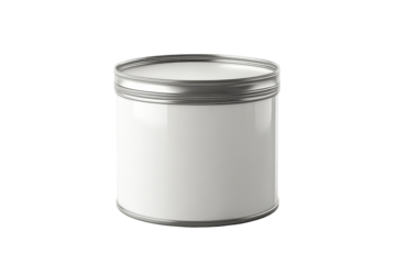 White cylindrical container with silver lid isolated on transparent background. Can of protein or gainer powder isolated on white background.