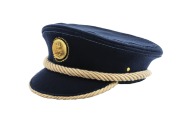 Dark blue officer's cap with gold emblem and rope trim isolated on transparent background. Captain's hat isolated on white background.