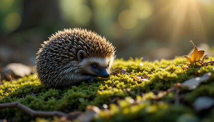 A cute hedgehog foraging for food in a sun dappled forest clearing
