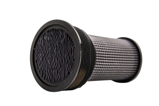 Close up of a black cylindrical air filter with a textured surface isolated on transparent background. Car filter isolated on white background.