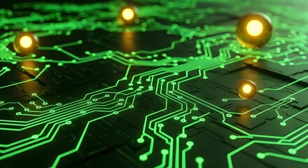 Obraz premium Green technology and futuristic computing. Digital circuit board and power distribution system. Abstract close-up of a glowing green microchip surface with spherical light elements
