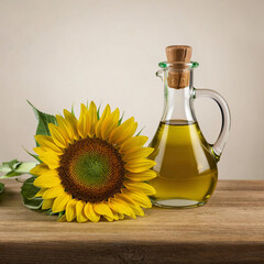 there is a sunflower and oil in a decanter on the table