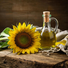 there is a sunflower and oil in a decanter on the table