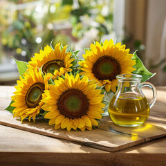 there is a sunflower and oil in a decanter on the table