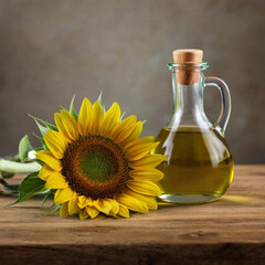 there is a sunflower and oil in a decanter on the table