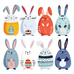Collection of adorable Easter Bunny illustrations with an egg shape design. The bunny is presented in various colors and expressions. The image evokes joy, the beginning of spring, and celebration.