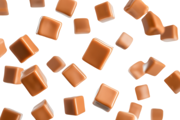 Delicious caramel candies falling isolated on transparent background. Caramel cubes isolated on white background.