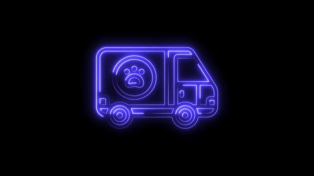Neon pet transport van animation on black background for veterinary and grooming services