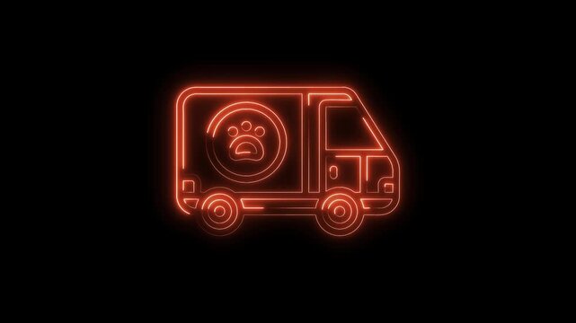 Neon style pet grooming van animation with glowing outline on black background