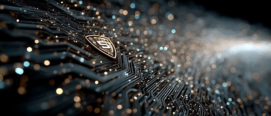 Secure digital shield glowing on intricate circuit board with bokeh lights