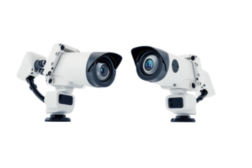 White security cameras with lenses isolated on transparent background. CCTV cameras isolated on white background.