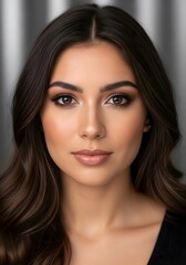 Portrait of a beautiful woman with long brown hair and soft natural makeup look is stunning