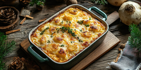 Warm rutabaga bake encased in a crispy golden layer, situated amidst cheery holiday embellishments such as pine garlands, baubles, and cinnamon sticks, placed on a vintage wooden table