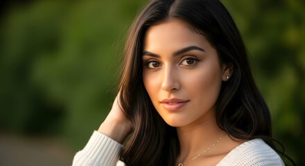 Naklejka premium Portrait of a beautiful woman with long dark hair posing outdoors in natural light setting nicely 100