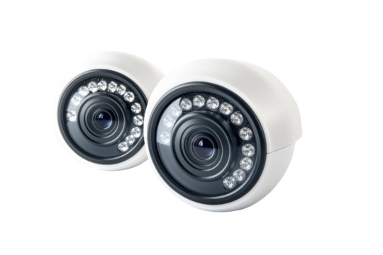 White dome security cameras with infrared leds isolated on transparent background. CCTV cameras isolated on white background. - Powered by Adobe