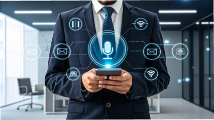 Businessman using smartphone with virtual voice assistant and digital technology icons
