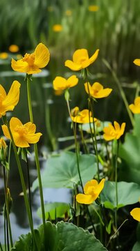 A bunch of yellow flowers growing in a pond
