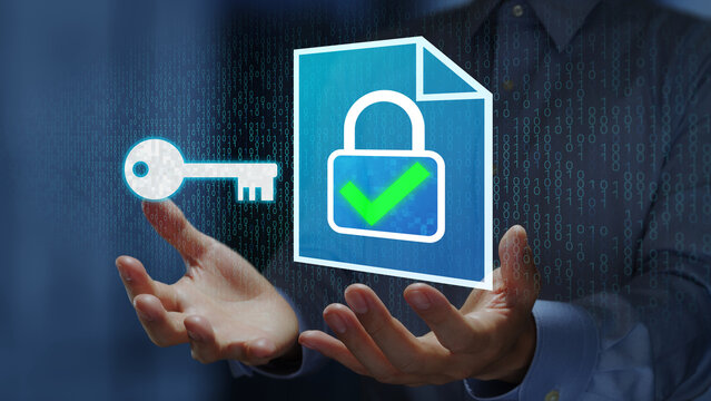 Data encryption algorithm. Protection of encrypted files with secure cryptographic keys. Man holding file with padlock icon.
