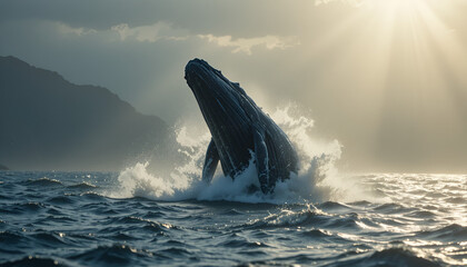 Fototapeta premium A humpback whale breaches the ocean surface, with mountains in the background