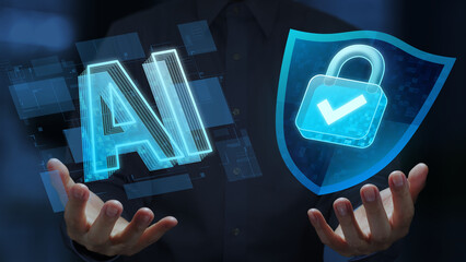 Secure AI model protection. Privacy-preserving AI. Businessperson holding artificial intelligence...