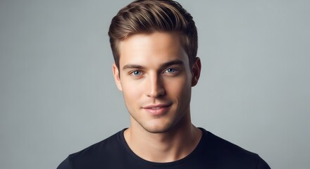 Portrait of a handsome man with blue eyes against a neutral background looking at the camera