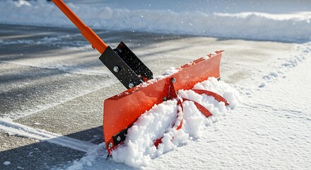 Shoveling snow on pavement with bright orange shovel