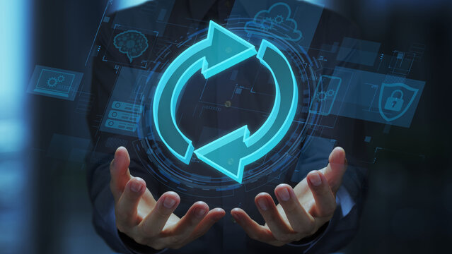Update automation and patch management for software and system. Secure update framework. Businessperson holding arrow icons.
