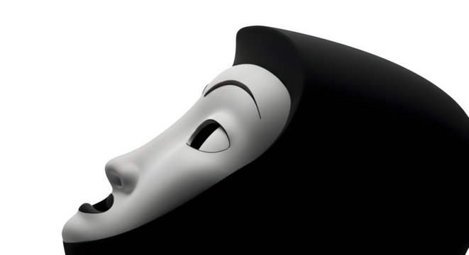 Black and white mask with sleek, smooth texture sits in a modern style on a black background. Ideal for dramatic poster designs, branding, or social media content.