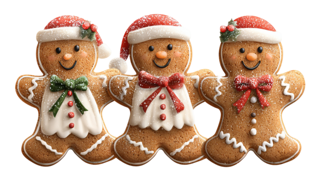 Gingerbread man christmas cookies set isolated on transparent background festive holiday biscuit people shapes cute decorated icing figures clipart for cards packaging banners winter baking treats
