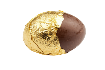 Golden easter egg wrapped in foil isolated on transparent background. Chocolate egg wrapped in gold foil isolated on white background.