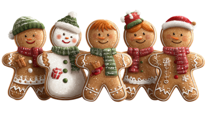 Gingerbread man christmas cookies set isolated on transparent background festive holiday biscuit people shapes cute decorated icing figures clipart for cards packaging banners winter baking treats