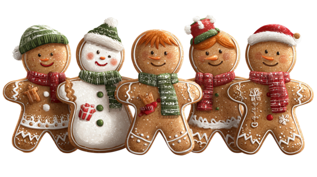 Gingerbread man christmas cookies set isolated on transparent background festive holiday biscuit people shapes cute decorated icing figures clipart for cards packaging banners winter baking treats