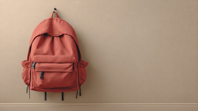 Simple red backpack hangs on beige wall with baseboard. Clean, minimalist, with large copy space - Powered by Adobe