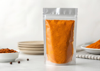 Clear pouch holds bright orange spice powder on white table. Food ingredient in packaging for kitchen or retail. Natural seasoning for cooking.
