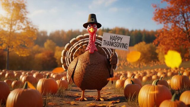 Thanksgiving Turkey in Pilgrim Hat Holding Happy Thanksgiving Sign in Pumpkin Patch