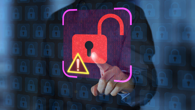 Unencrypted and insecure communications. Security software detecting data breach and displaying warning alert. Business person touching padlock icon to fix security vulnerabilities.