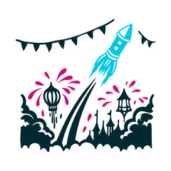 Bun Bang Fai Rocket Festival Illustration Bun Bang Fai Rocket Festival Terracotta bamboo rocket ascending with fiery smoke trails