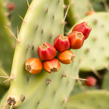 close-up of the fruits of the prickly pear on the cladodes of the plant