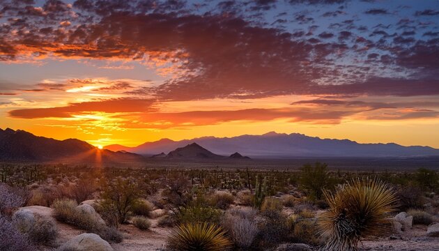 Sunset Over Rocky Desert Landscape With Distant Mountains And Clouds - Powered by Adobe